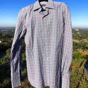TOM FORD MENS BUTTON FRONT DRESS SHIRT COTTON PLAID GRAY WHITE